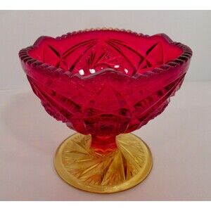 Ruby Red Amberina Compote Kemple Glass SUNBURST Candy Dish